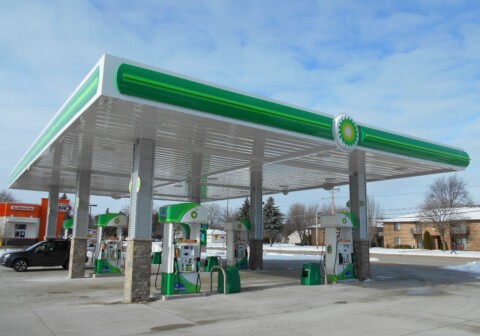 BP gas station canopy built by TFC in Oshkosh, WI.