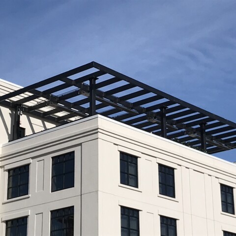 Architectural steel frame canopy built by TFC for The Bradley hotel in Fort Wayne, IN.