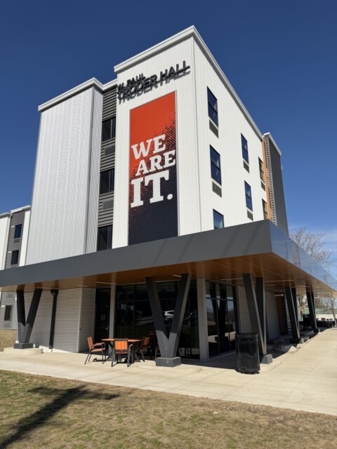 Architectural canopy with ALPOLIC MCM paneling built by TFC in for Indiana Tech in Fort Wayne, IN.
