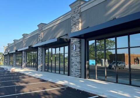 Architectural awnings built by TFC for Anytime Fitness in Leo, IN.
